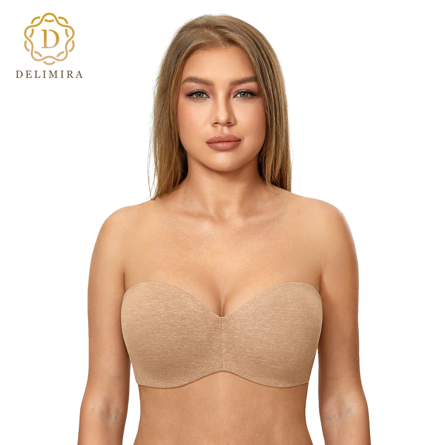 

DELIMIRA Women's Strapless Bra Silicone-Free for Big Busted Minimizer Bandeau Plus Size Unlined Underwire D DD E F G