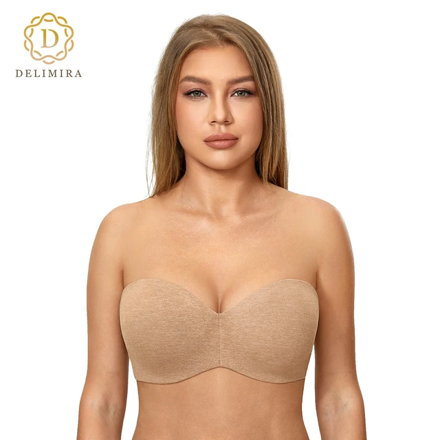 DELIMIRA Women's Strapless Bra Silicone-Free for Big Busted Minimizer  Bandeau Plus Size Unlined Underwire D