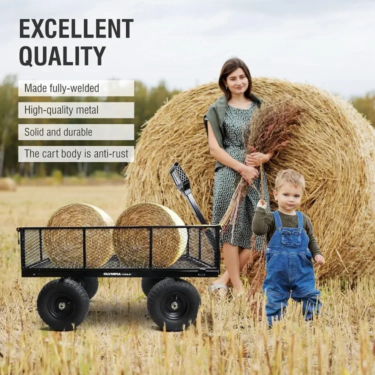 Heavy Duty 1,000lbs 6-cu ft Steel Utility Garden Cart, with Removable Mesh Sides to Convert into Flatbed, Lawn and Garden cart