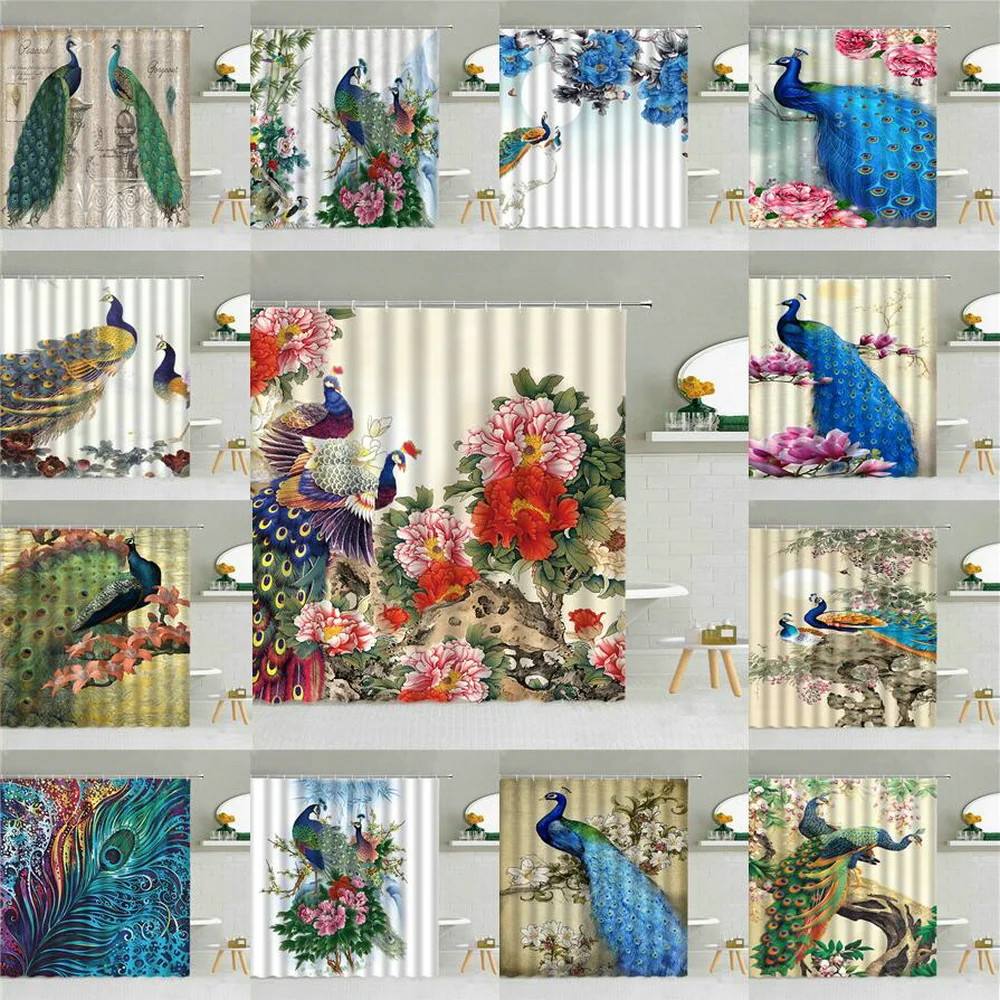 

Занавеска для душа с изображением синего павлина и зеленых листьев
