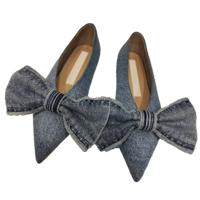 

Summer New Pointed Big Bow Flat Bottom Shoes For Women Denim Shallow Designer Loafers Ballerina Comfortable Casual Women Shoes