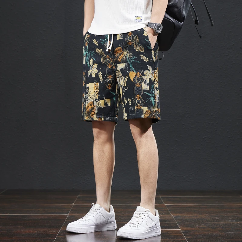 Summer Shorts Men's Printed Loose Straight Fashionable Fifth Pants Trendy Casual All-Matching Stretch Breathable Beach Pants