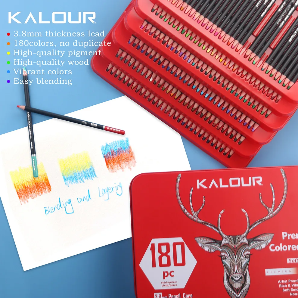 Kalour-전문 미술 유성 금속 주석 상자 컬러 연필 180 개, 고품질 컬러 리드 낙서 연필 세트