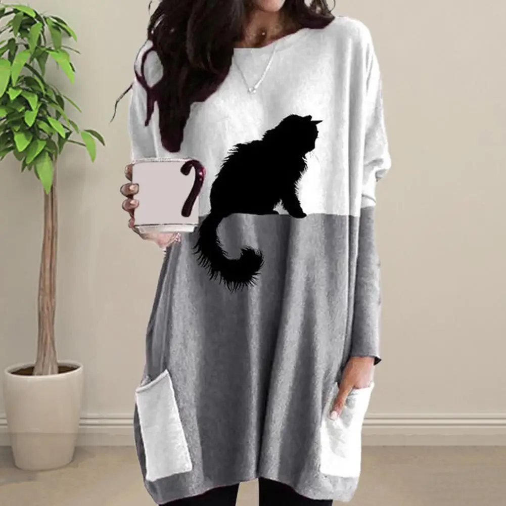 

Women Top with Large Pockets Soft Stretchy Women Top Stylish Women's Long Sleeve Sweater Soft Stretchy Black Cat Print Top
