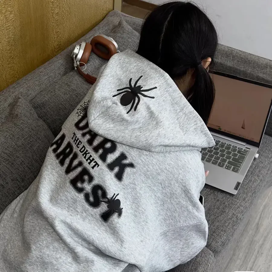 

Punk Baggy Graphic Tops Hooded Spider Sweatshirts for Women Loose Female Clothes Hoodies Text Grey Letter Printing Xxl Y2k Style