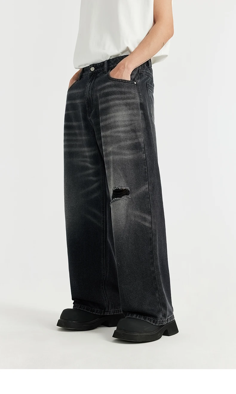 Description Picture 3 of itemINFLATION Retro Washed Straight Denim Trousers Men High Street Ripped Wide Leg Jeans