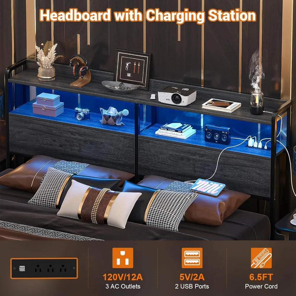 Headboard for Queen Size Bed Frame, Headboards with Outlets, USB Ports and LED Light, Head Board with Storage, Height Adjustable