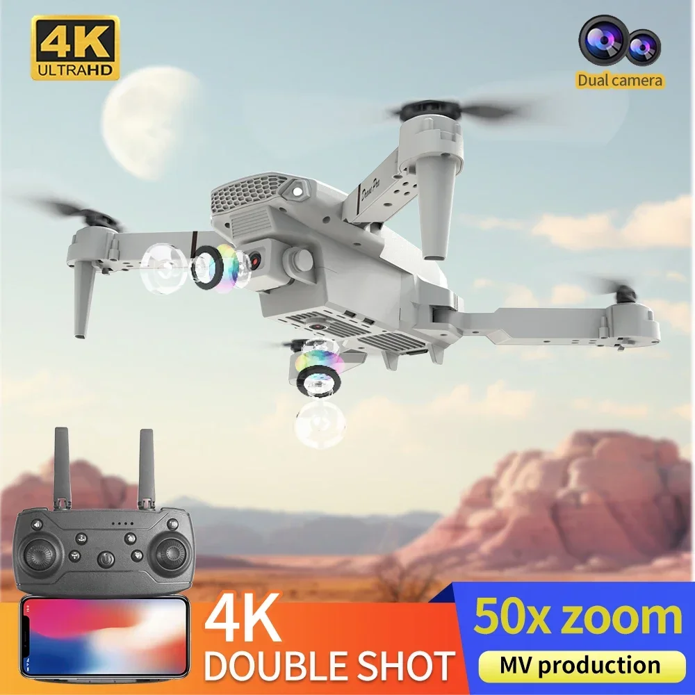 Vue rapprochée du drone pliable montrant ses deux caméras et son design compact, idéal pour débutants.