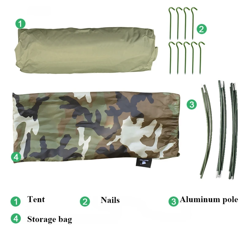 Single Person Camouflage Tunnel Tent Outdoor Camping Portable Lightweight Rainproof Nylon Fabric Aluminum Pole Double Zipper