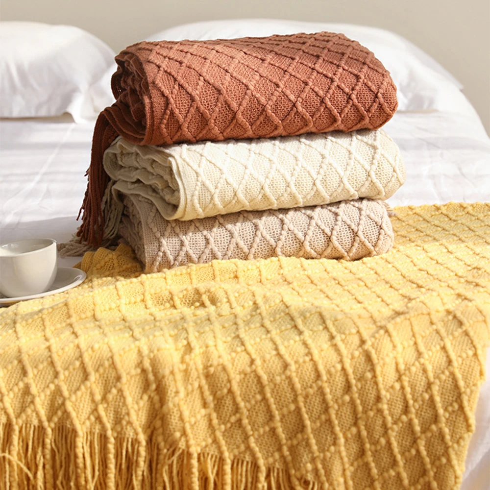 

Nordic Solid Color Knitted Blanket Geometric Pattern Soft Blanket Cover Blankets Shawl Bed Tail Towel Summer Cool Blankets