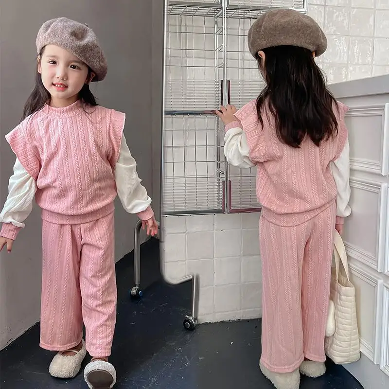 

Новый весенне-осенний комплект для девочек с длинным рукавом и широкими штанинами с круглым вырезом