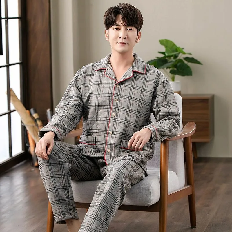 Men Pajamas Autumn Winter Knitted Cotton Casual Large Size Male Sleepwear Sets Air Cotton Medium Thick Plaid Homewear Suit 2024