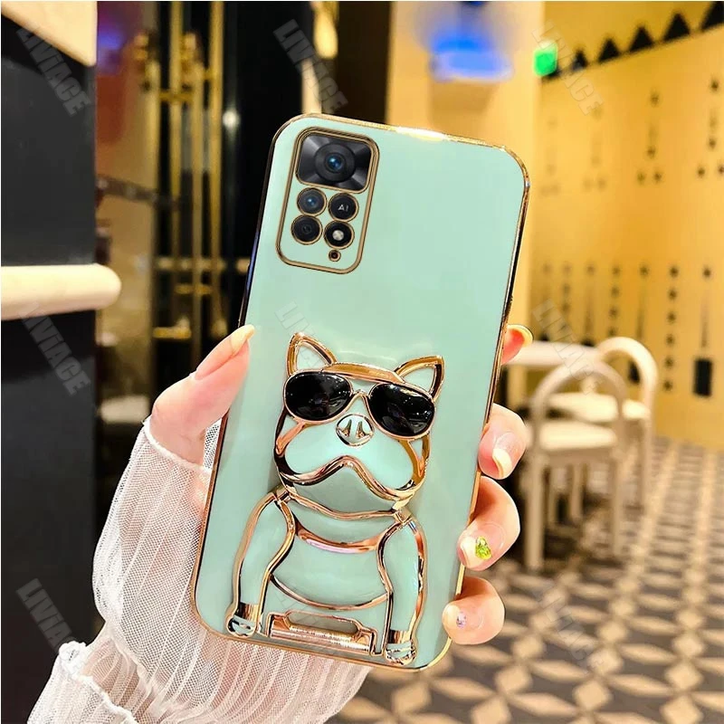 Étui de support de placage de bouledogue pour lunettes de soleil, pour Xiaomi Redmi Note 11 8 9 Pro Max 10 12 10s 11s 9A 9T 9C Nfc 4G 5G_voghion.com