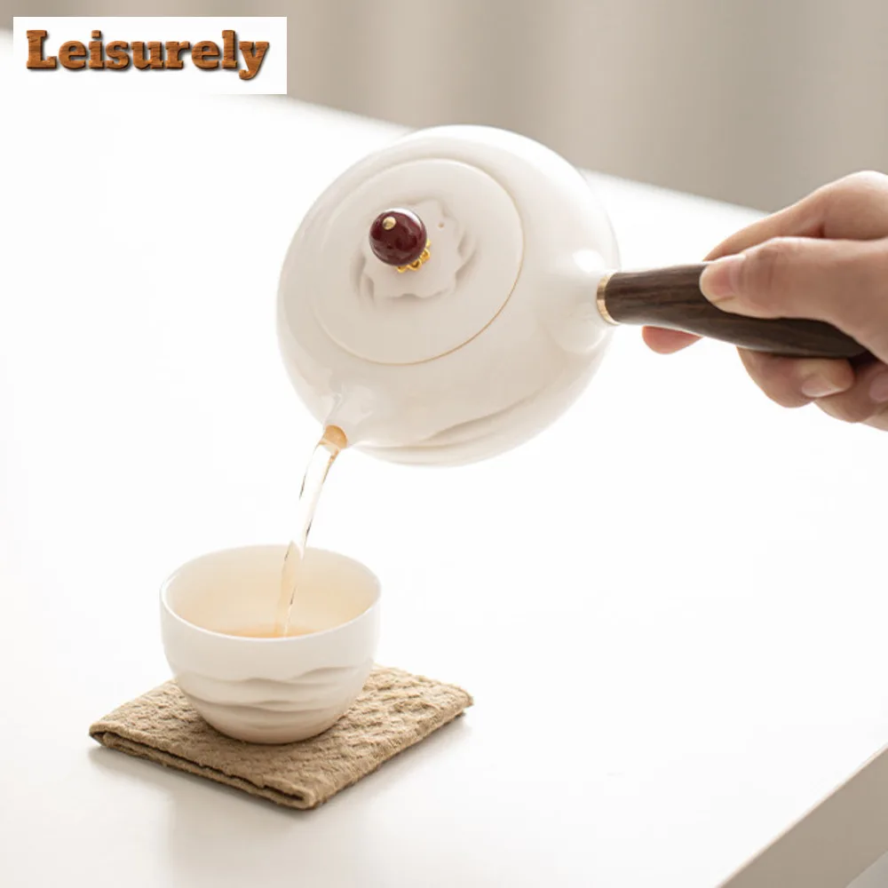 200ml Mutton-fat Jade Porcelain Side Handle Teapot Elegant Ink Far Mountain Pot Tea Brewing Kettle Chinese Tea Set Collection