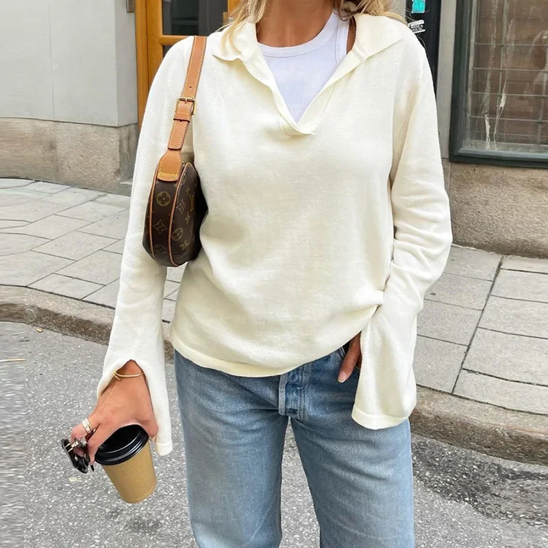 

2021 Europe and The United States Autumn Fashion Trend Women's New Long-sleeved Lapel Loose and Thin Simple Casual T-shirt Top