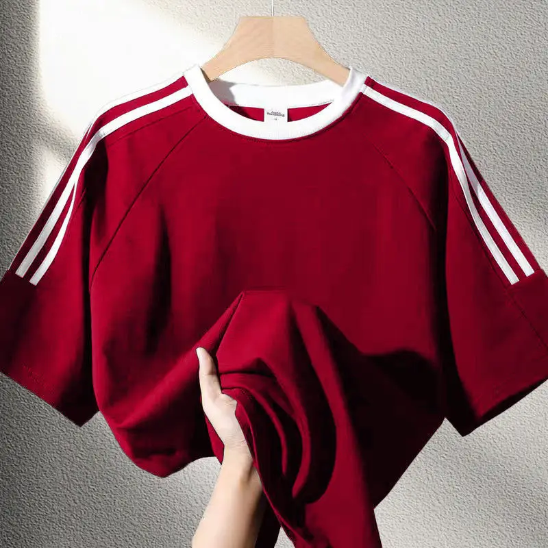 2024 Summer Unisex American Minimalist Loose Casual Instagram Retro Couple Contrasting Round Neck Striped Half Sleeved T-shirt