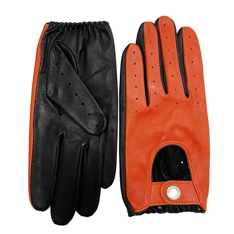 

Guantes Moto Men Classic Color Matching Genuine Leahter Unlined Gloves Male Simple Orange Black Patchwork Goatskin Thin Luvas