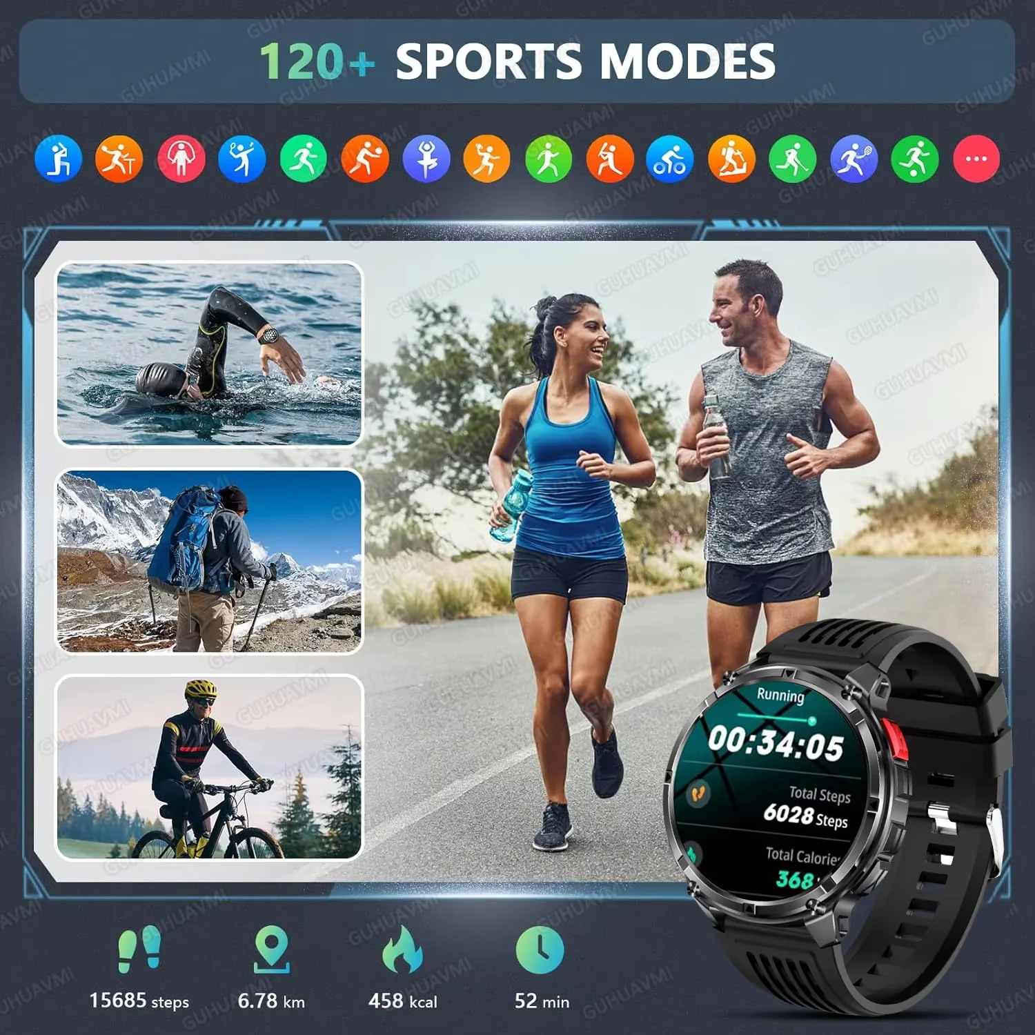 2026년형 군용 1100mAh 배터리 120일 대기 스마트워치 GPS 10ATM 방수 다이빙 시계 1.7인치 성인용 러기드 스포츠 시계