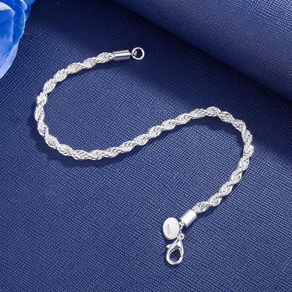 925 Sterling Silver Bracelet 4mm20cm Flat Side Chain Lobster Clasp For Woman Man Wedding Engagement Jewelry 5