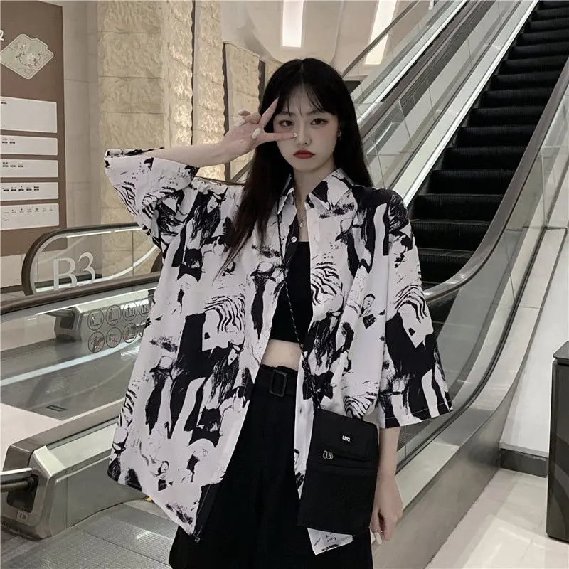

QWEEK Women's Blouses Streetwear Harajuku Gothic Style Oversized Shirts Short Sleeve Black White Button Up Tops Cool Alt Clothes