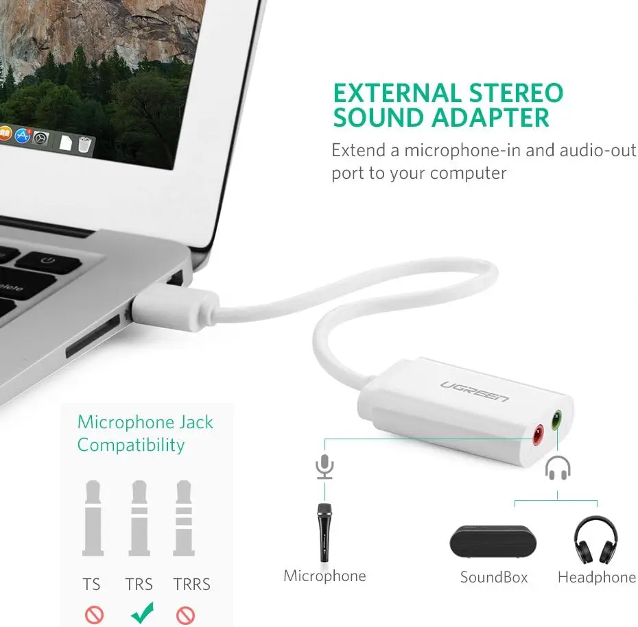 유그린 USB 사운드 카드 외장 어댑터 (3.5mm 이어폰 및 마이크 잭 포함), 플러그 앤 플레이 방식, 컴퓨터용