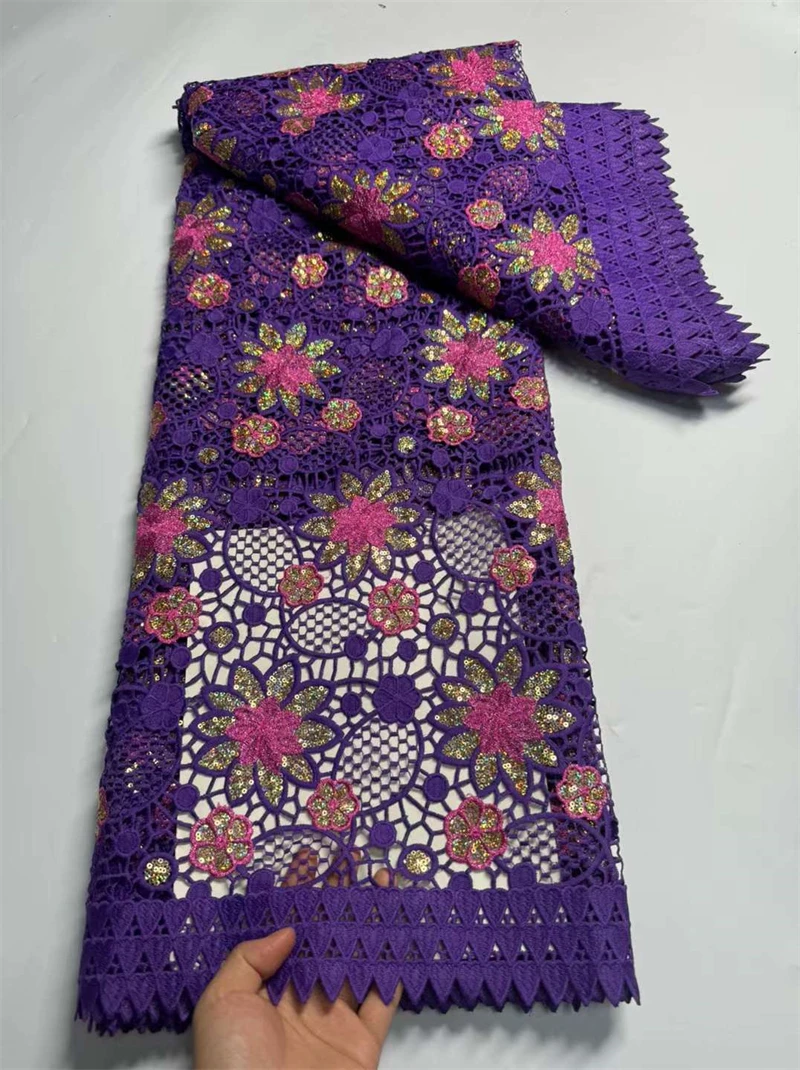 

African Guipure Cord Lace Fabric with Sequins, Purple, High Quality, DIY Evening Dress, 5 Yards,2024