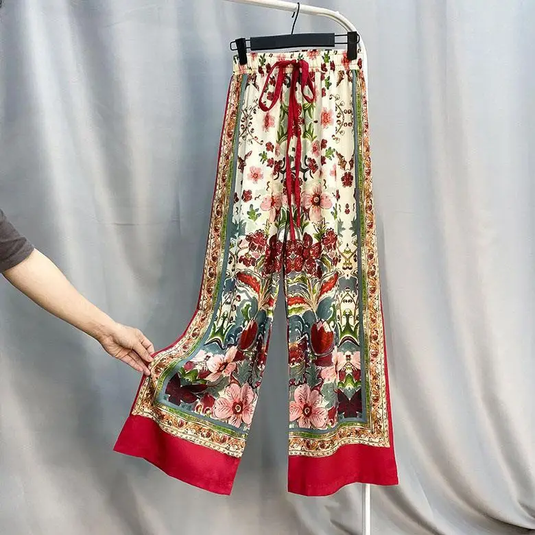 

Ethnic wide-leg pants Bohemian chiffon pants women loose slim beach pants holiday elastic pants flower pants