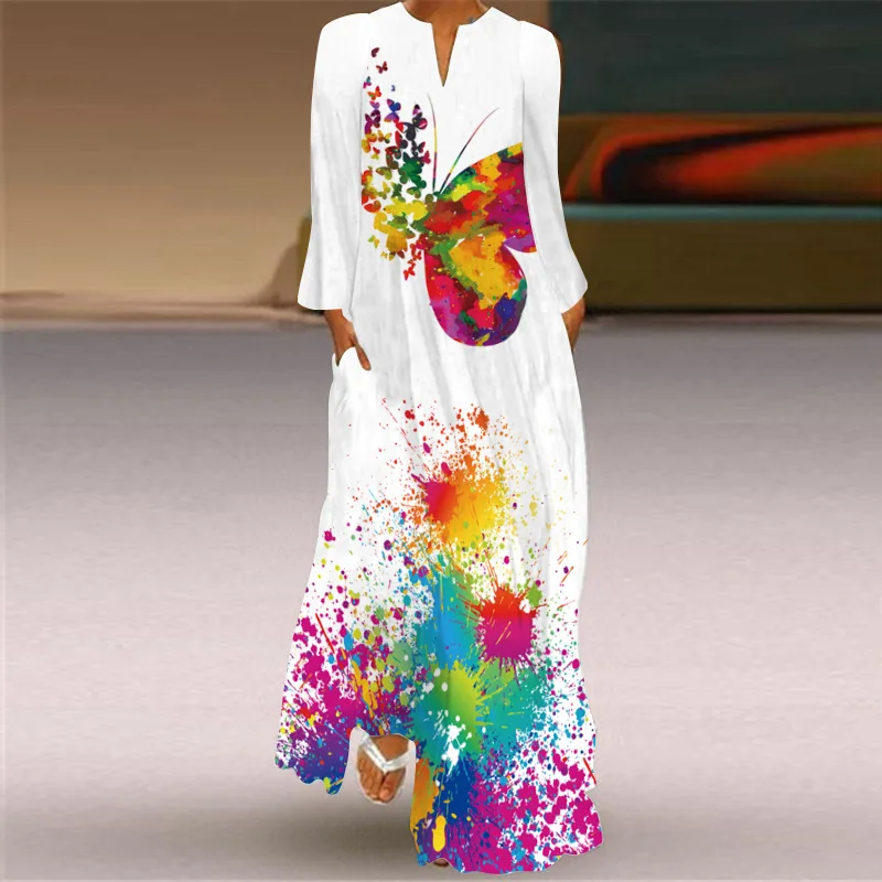 

Women's Vintage Butterfly Print Dresses Elegant Office Lady V-neck Long Sleeve Pocket Spring/Summer Dress Women Robe S-5XL
