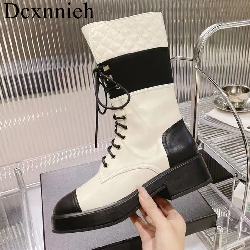 

Spring Autumn New Round Head Genuine Leather Mid Sleeve Boots Women's Lace up Spliced Long Boots with Square Heels Fashion Boots