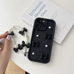 Elegant Bow Pearl Chain Lanyard Phone Case - Soft, Stylish, and Protective Cover for Huawei nova Y70 Plus (Black)