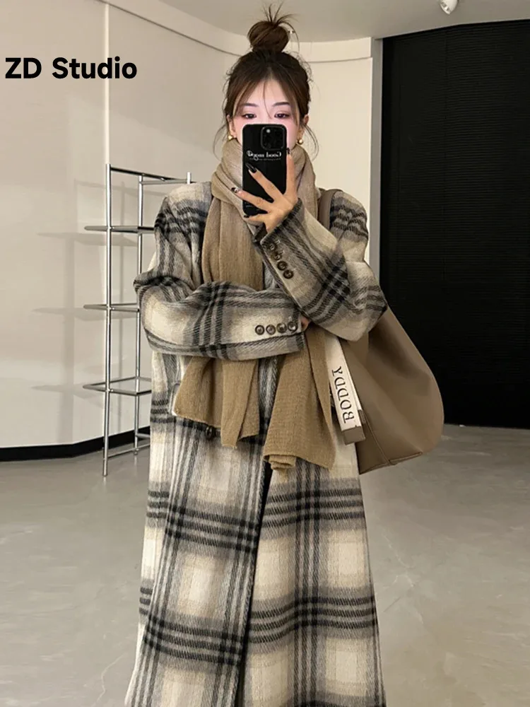 

[ZD Studio] 2023 Autumn/winter New High-grade Korean Plaid Double-sided Cashmere Coat For Women Plus Long Woolen Coat