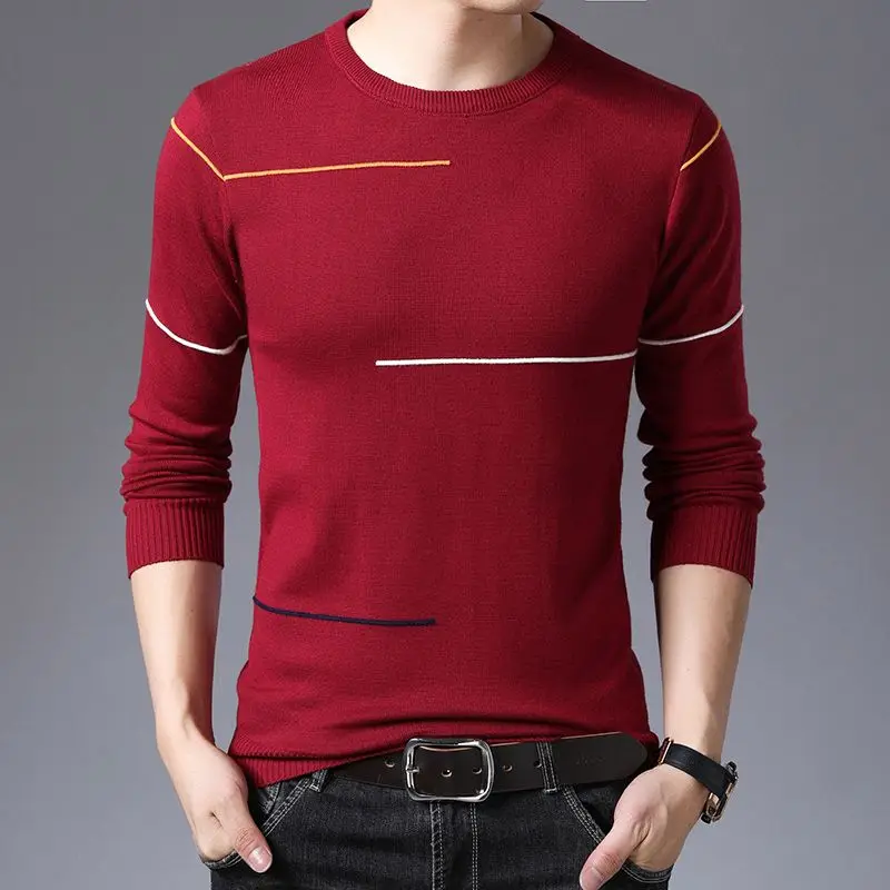 Fashion Men Basic Striped Sweater Spring Autumn New Korean Slim Long Sleeve Tops Male Clothes Casual Knitted Bottoming Pullovers