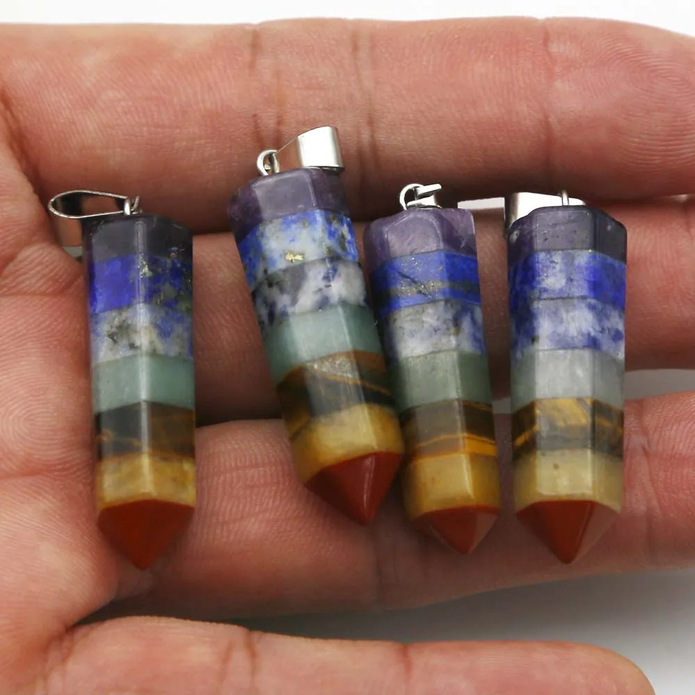 New Natural Stone 7Chakras Hexagon Pillar Necklace Pendant Mineral Healing Charm Fashion Jewelry Accessories Gift Wholesale 4Pcs