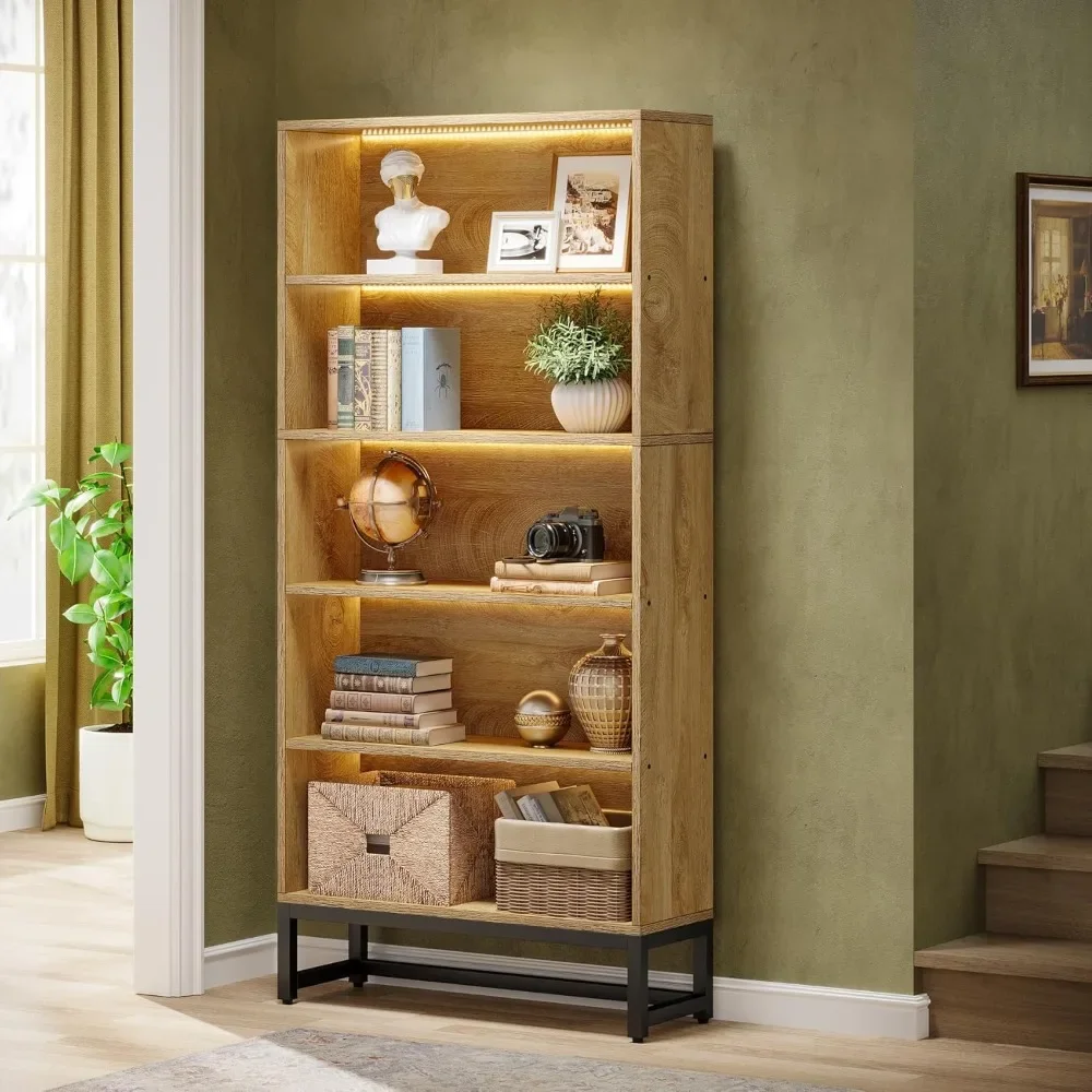 Brown bookshelf with LED lighting detail