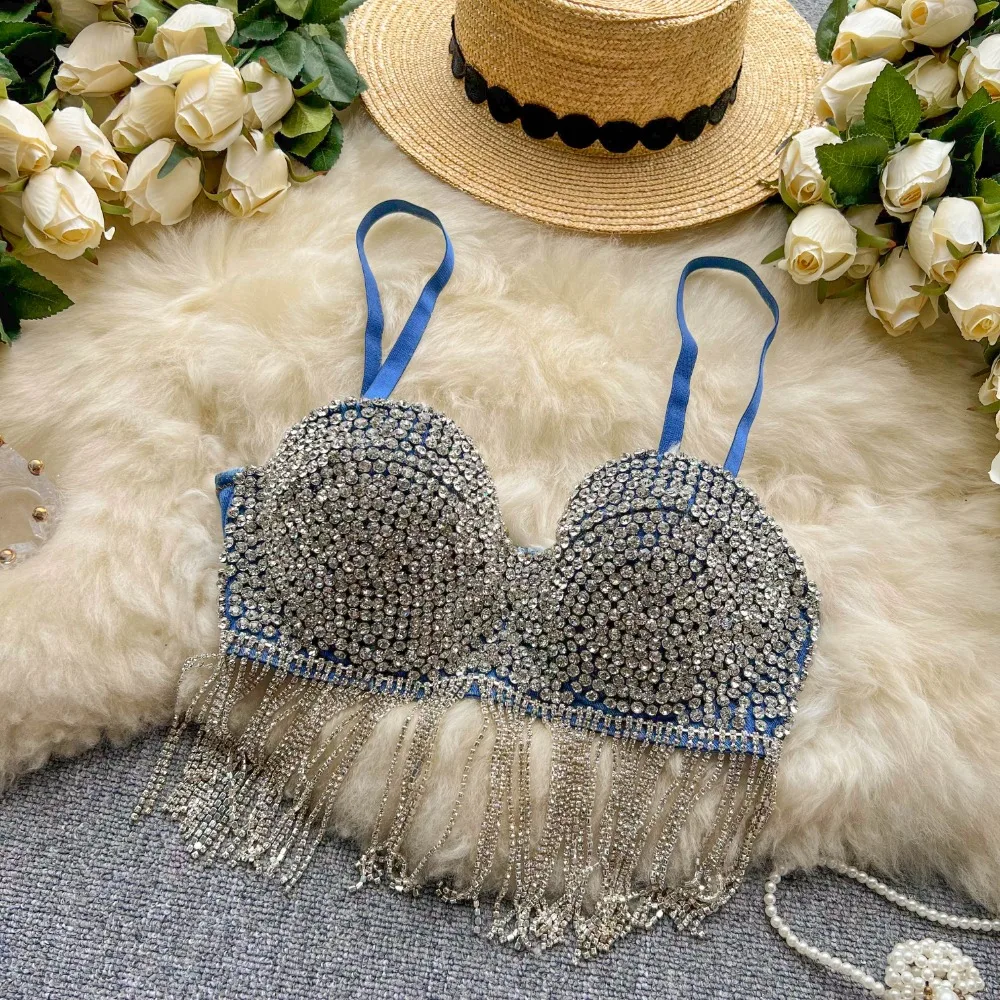 

Sexy Hater Glitter rhinestone Tassels Camis Chic Fashion Party Club Tank Top Backless V-neck Goth Crop Top Summer Women Clothing