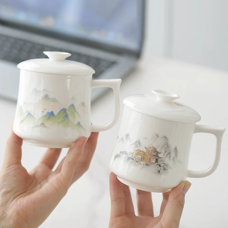 Chinese Style Pattern Ceramic White Porcelain Personal Tea Mugs, Personal Creative With Cover, Milk Water Coffee Cup, 350ml, 1Pc
