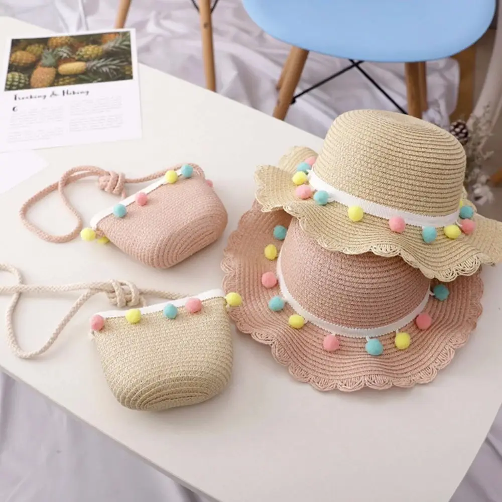 Fashion Large Sun Protection Pompom Ball Colorful Floppy Beach Hat Handbag Bucket Cap Straw Woven