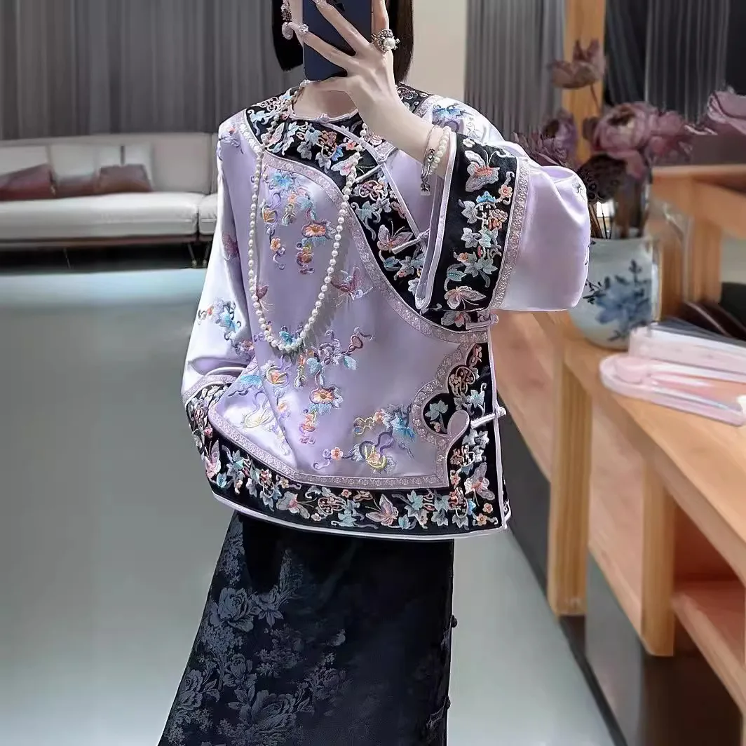 High-end Spring Women Acetate Top Retro Embroidery Butterfly Love Flower Elegant Lady Loose Coat Palace of the Qing Rulers S-XXL