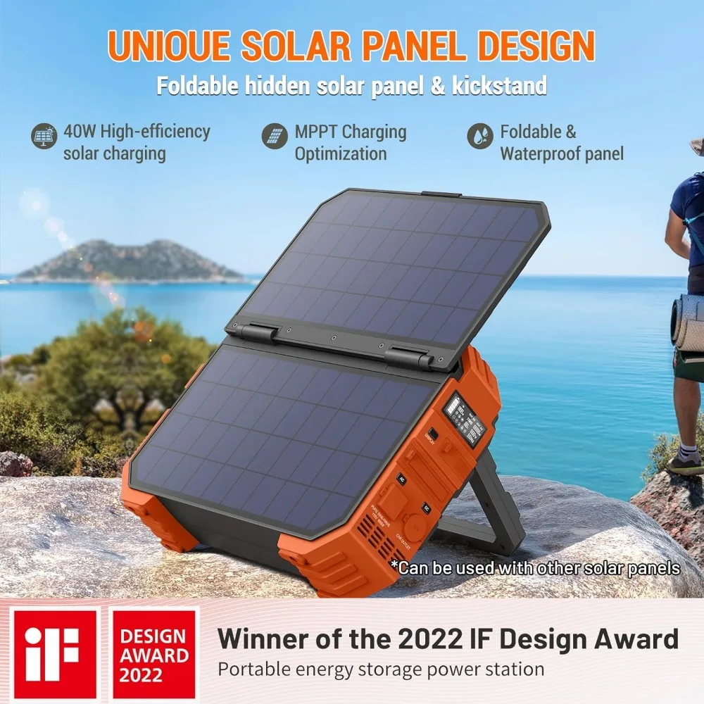 Portable Power Station 1000W with Built-in Solar Panel, 614WH/192000mAh LiFePO4 Battery Pack, Solar Generator with AC/DC/USB/PD 2