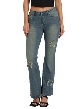 Women Flared Denim Pants Casual Star Pattern Bell Bottoms Jeans Bootcut Trousers for Streetwear 2