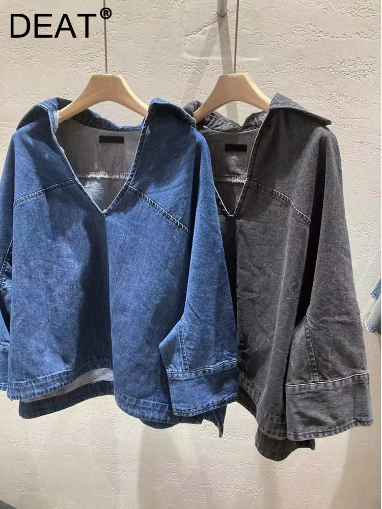 

DEAT Women's denim Shirt Turn-down Collar Loose Patchwork Longsleeve Solid Color Casual Blouse 2023 Autumn New Fashion 29L1565