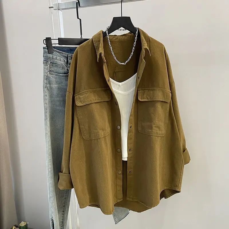 

Shirt Coat Women's Spring Autumn Mid Length Korean Version Casual Thickened Outerwear Female Loose Long Sleeve Blouses Tops