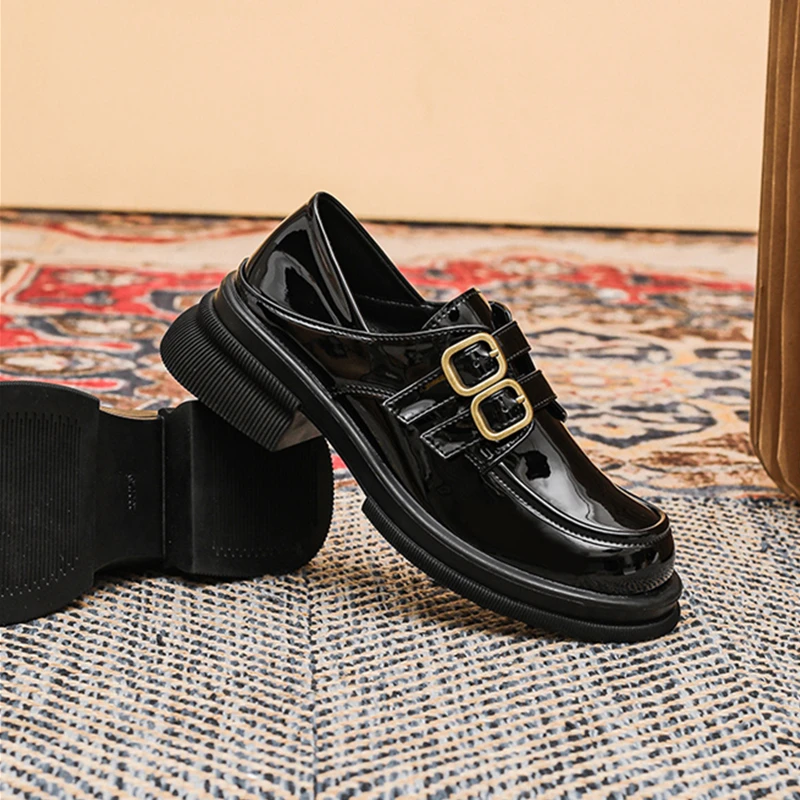 2023 Spring New Women's Leather Shoes Black Loafers Fashionable Metal Decoration Middle Heel Banquets and Offices Casual Shoes