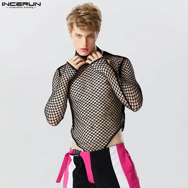 INCERUN 2023 Sexy Men's Homewear Bodysuits Half High Neck See-through Mesh Rompers Casual Male Thimble Long Sleeve Rompers S-5XL