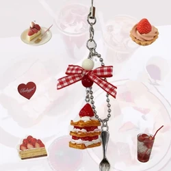 Vintage Dessert Charm Keyring with Cartoon Cake and Bow Pendant - Cute Phone Accessory - Other (A)