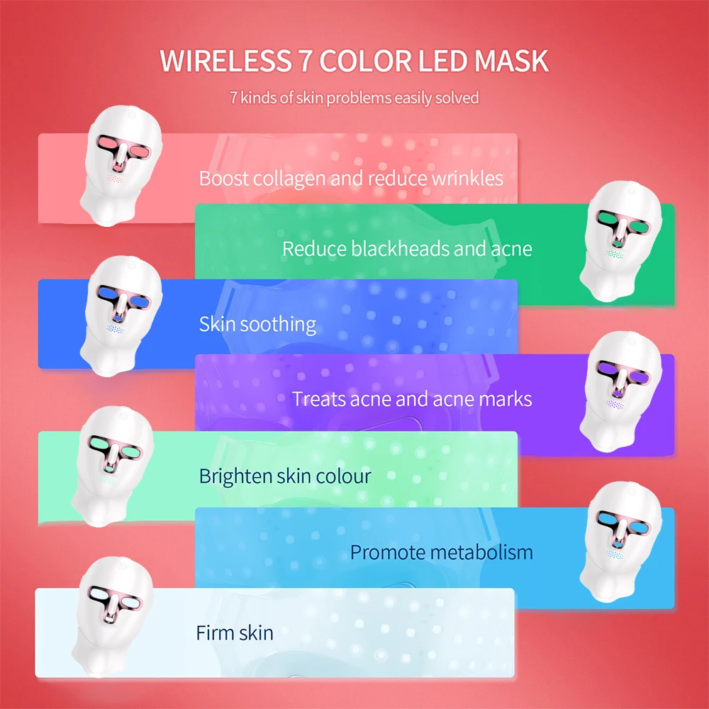 LED Mask Face Neck 7 Colors Photon Skin Beauty Red Light Facial Mask Skin Rejuvenation Wireless Rechargeable Light Facial Mask