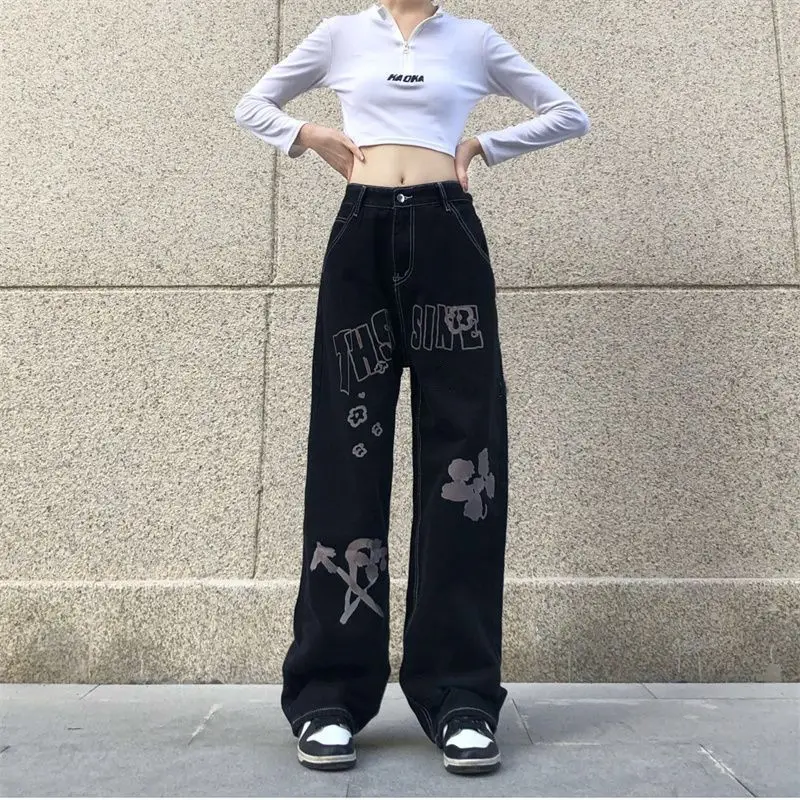 Streetwear Fashion Women Vintage Black Jeans High Waist Spring Autumn New Hip Hop Loose Straight Casual Wide Leg Trousers Female