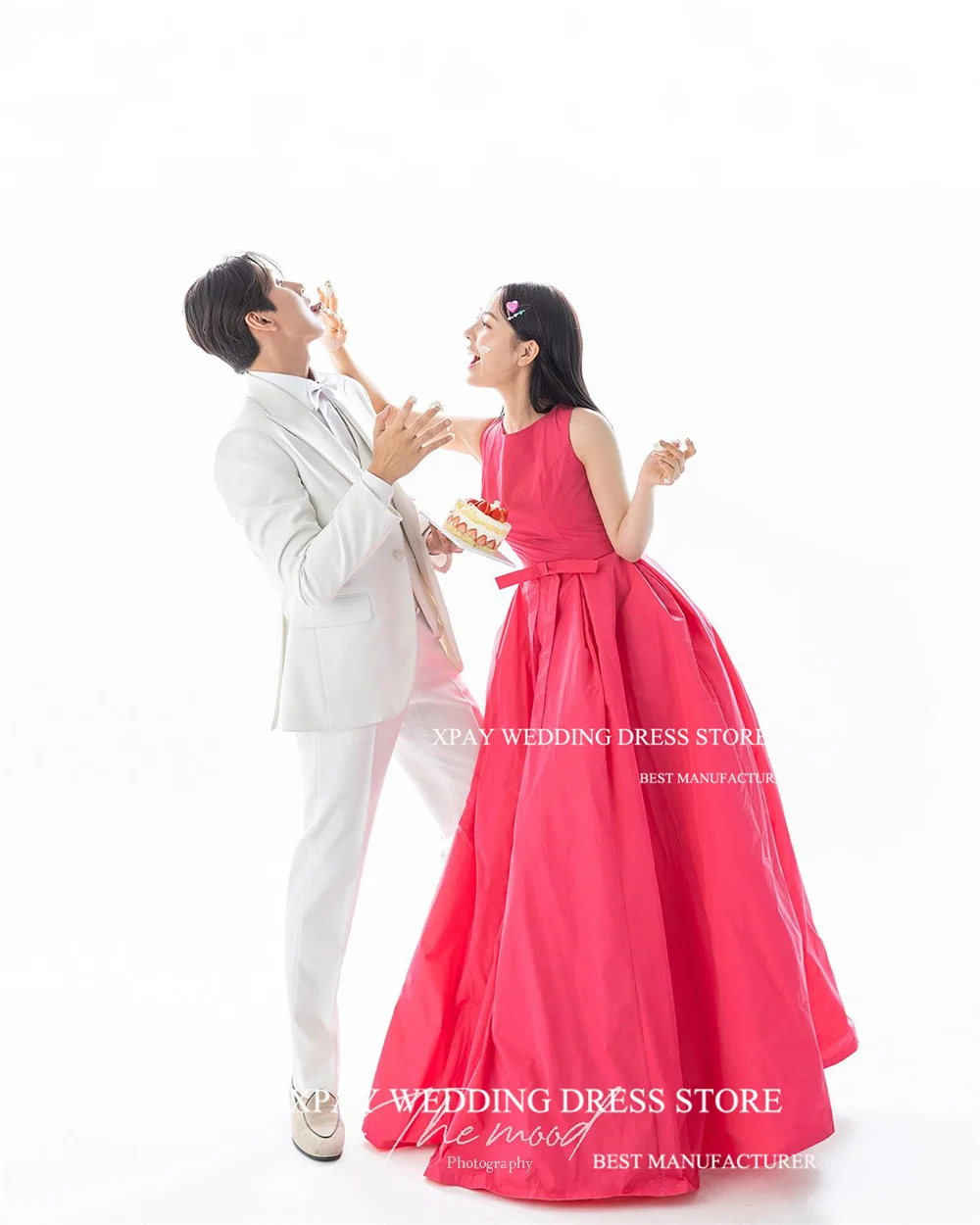 

XPAY O Neck Rose Red Korea Evening Dresses Simple Satin Bow For Bride Gowns Elegant Backless Formal Wedding Photo Shoot Dress