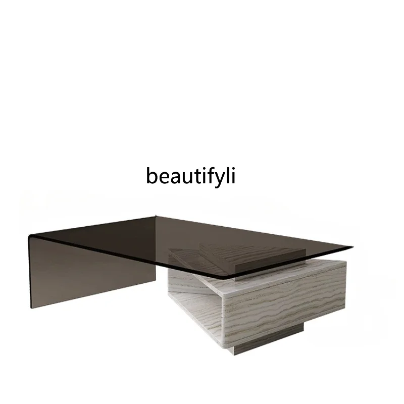

Natural Marble Tea Table Italian Style Light Luxury Minimalist Living Room Glass Creative Rectangle Retractable