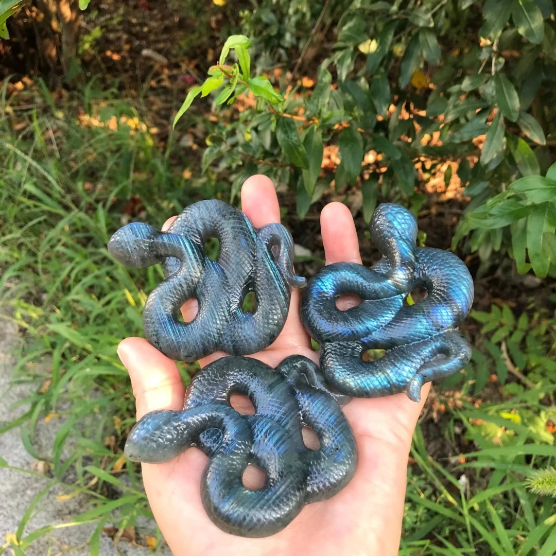 

2pcs 85mm Snake Statue Labradorite Natural Stone Carved Home Decoration Healing Crystal Figurine Spiritual Gemstone Omament